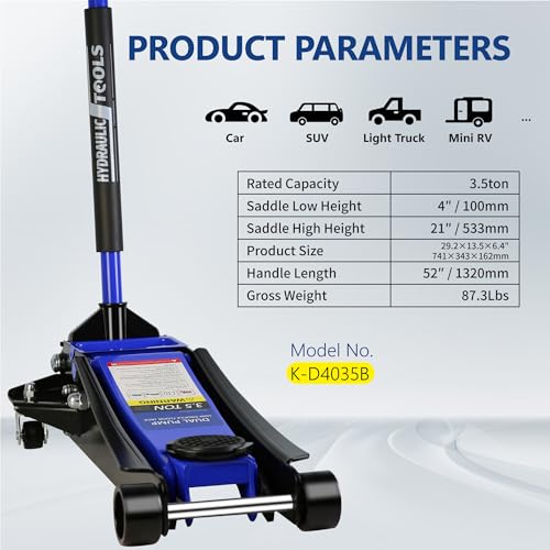 3.5T Low Profile Steel Floor Jack, 7000 lb, Dual Pump, 4"-21" Lift | Heavy-duty steel, dual-piston quick lift, low profile, 4"-21" range, overload safety protection. - size: 3.5T Dual Pump 4"-21"