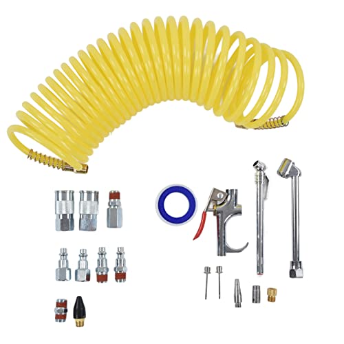Professional Air Compressor Accessory Kit Heavy Duty 1/4in NPT Quick Connect Fittings Blow Gun Set with 25ft Hose for Tire Inflation Industrial Pneumatic Tools