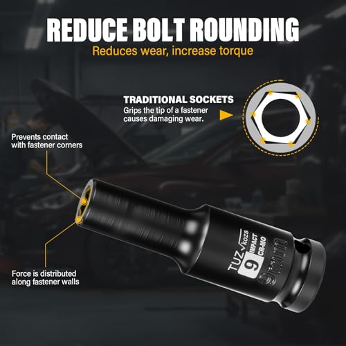 1/2 Inch Drive 9mm Deep Metric 6 Point CR-MO Impact Socket | Radius Corner Design,Square Chamfered Opening,Axle Nut Impact Grade Socket for Easy Removal - size: 1/2” Drive 9mm Deep, style: 1/2" Drive Deep Socket