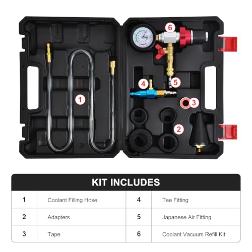 8PCS Coolant Vacuum Refill Kit, Quick Airlift Coolant Refill Tool with Pressure Gauge, 5 Sizes Adapters, Long Coolant Filling Hose for All Vehicles