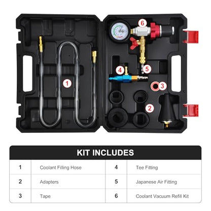 8PCS Coolant Vacuum Refill Kit, Quick Airlift Coolant Refill Tool with Pressure Gauge, 5 Sizes Adapters, Long Coolant Filling Hose for All Vehicles
