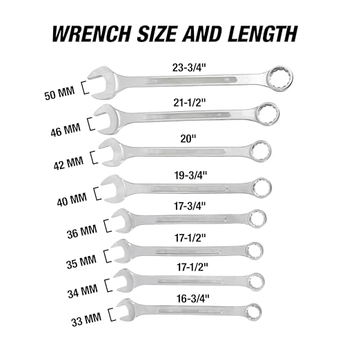 OEMTOOLS 22121 8-PC Metric Jumbo Combination Wrench Set, 33mm-50mm, 12 Pt. Box End Metric Wrench Set, 15° Offset Wrenches, Chrome Plated Finish with Wrench Roll - style: 8 piece metric (33-50 millimeter)