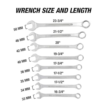 OEMTOOLS 22121 8-PC Metric Jumbo Combination Wrench Set, 33mm-50mm, 12 Pt. Box End Metric Wrench Set, 15° Offset Wrenches, Chrome Plated Finish with Wrench Roll - style: 8 piece metric (33-50 millimeter)