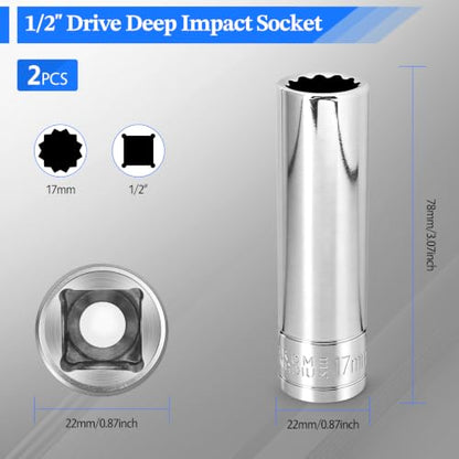 2 Pcs 1/2" Drive 17mm Deep Impact Socket | Anti-Rounding 12 Point Design, Square Chamfered Opening, Easy Removal of Axle Nut - color: Deep, size: 17mm