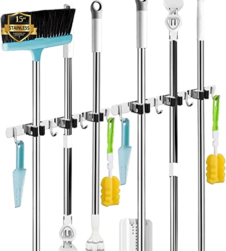 2 Pack 3 Racks and 4 Hooks Broom and Mop Holder Wall Mounted Garage Organizer Storage Tool Racks Stainless Steel Heavy Duty Hooks Self Adhesive Solid Non-slip Wall Hangers for Home Kitchen Garden | Mop Holder Wall Mount and Broom Hanger for Garage, Laundr