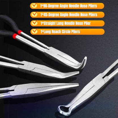 4Pcs Extra Long Needle Nose Pliers Set, 11" Long Reach Straight,45/90 Degree Bent Nose Pliers, and O-shape Hose Gripper Pliers for Car Repair/House Work