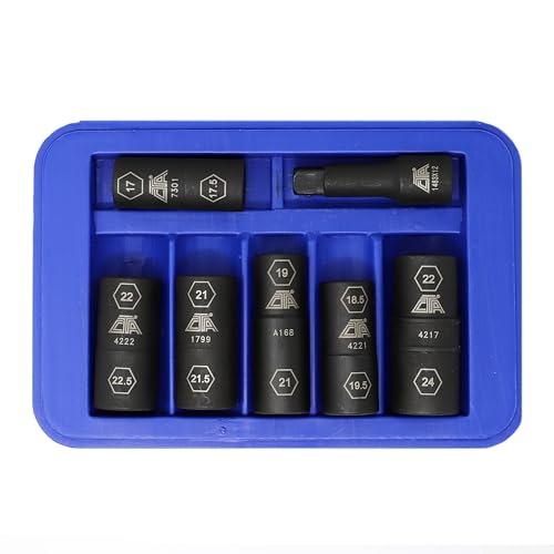 CTA Tools 7307 7 Pc. Flip Socket Set - Removal of Inflated, Warped and Mangled Chrome-Cap Style Lug Nuts - size: 7pc Set-17mmX17.5mm-27mmX27.5mm-1/2" Drive Ext