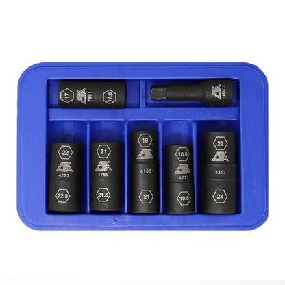 CTA Tools 7307 7 Pc. Flip Socket Set - Removal of Inflated, Warped and Mangled Chrome-Cap Style Lug Nuts - size: 7pc Set-17mmX17.5mm-27mmX27.5mm-1/2" Drive Ext