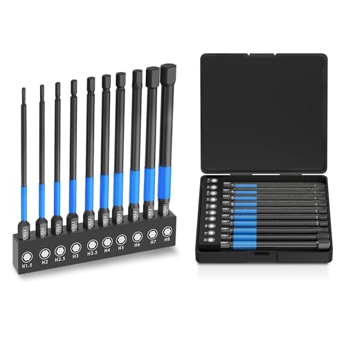 ANDELI Magnetic Hex Screwdriver Bit Set, 1/4” Hex-Shank，100mm Long 10pcs (Metric) Impact Allen Wrench Drill，with Storage Box, S2 Material, Metric & SAE - size: 100mm 10pcs (Metric)
