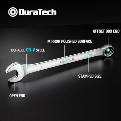 DURATECH 19mm Combination Wrench, Metric | CR-V Constructed, Mirror Polish, 12-Point, 15-Degree Offset - size: 19 mm