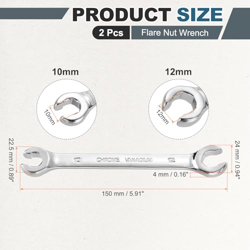HARFINGTON 2 Pcs Flare Nut Wrench 10mm x 12mm Metric Double Open End Thick Spanner Mirror Polish Finish 45# Steel Brake Line Wrench for Fuel Tube Hose Transmission Line, Silver - size: 10mm x 12mm