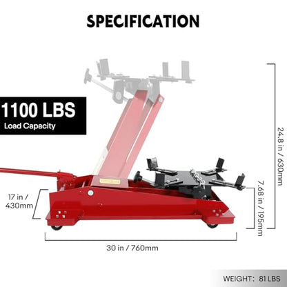 Transmission Jack 1/2Ton(1100LBS) Capacity Hydraulic Low Profile Floor Jack | with Safety Chain & Roll-Under 360° Swivel Casters, 7.68"-24.8" Lift Range for Car / Truck Repair