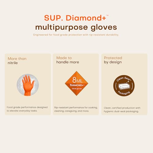 SUPER+ HEAVY DUTY Nitrile Gloves 8 Mil Diamond Texture Disposable Chemical Resistant Powder &Latex Free Food Safe Orange 50Ct - color: Medium (Orange)