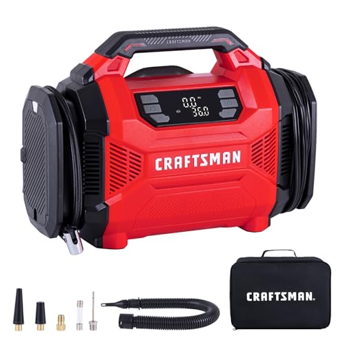 CRAFTSMAN Dual Power Tire Inflator with Digital Gauge & Auto Shut-Off | 12V DC Car Plug and 120V AC Home Use with Up to 150 PSI, LED Light, Portable Air Pump for Car Tires, Bikes and Inflatables