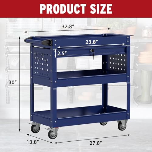 3 Tier Rolling Cart, Heavy Duty Utility Industrial Service Carts on Wheels, Metal Tool Cart with Locked Drawers, Ideal for Garage, Warehouse and Repair Shop（Blue） - color: Blue