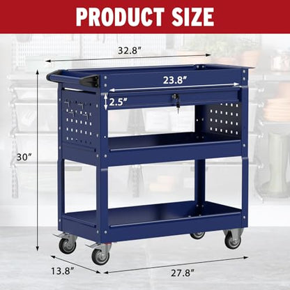 3 Tier Rolling Cart, Heavy Duty Utility Industrial Service Carts on Wheels, Metal Tool Cart with Locked Drawers, Ideal for Garage, Warehouse and Repair Shop（Blue） - color: Blue