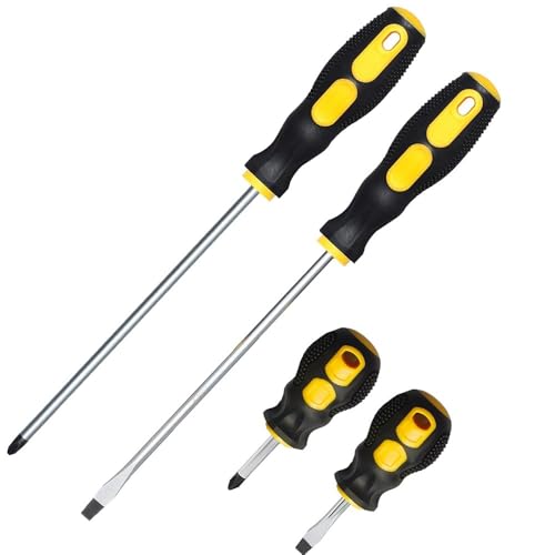 4-Piece Magnetic Screwdriver Set, 2 Phillips and 2 Slotted, Long & Stubby Blade Design, Precision 6mm Tip - color: Black & Yellow