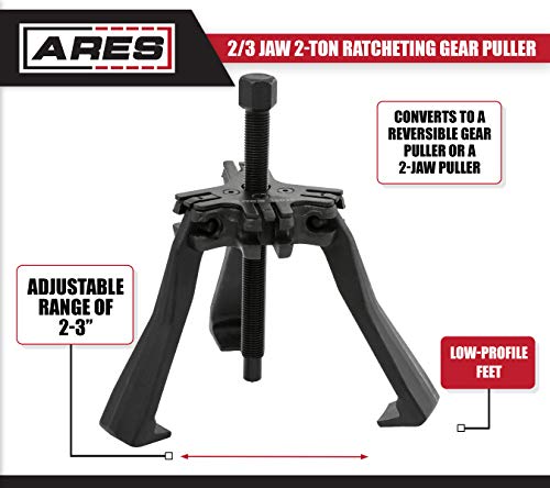 ARES 15036 - Reversible 2/3 Jaw 2-Ton Ratcheting Gear Puller - Chrome Moly Steel Construction - 2-Inch to 3-Inch Adjustable Range - Removes Gears, Pulleys, and Flywheels - size: Reversible 2/3 Jaw 2-Ton Puller