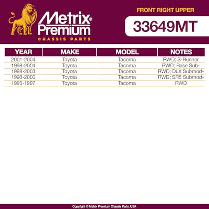 Metrix Premium Chassis Parts Right Ball Joint Fits Toyota Tacoma RWD 01-04 | Tacoma RWD 98-04, Tacoma RWD 98-03, Tacoma RWD 98-00, Tacoma RWD 95-97, Front Upper, Replacement K90257, Made in Europe - size: 33649MT