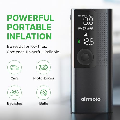 Airmoto and Carrying Case Bundle Deal - Tire Inflator Portable Air Compressor with Hard Case - Air Pump for Car Tires, Motorcycle, Bicycle - Cordless Tire Pump with Tire Pressure Gauge