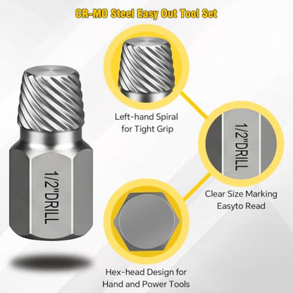 15Pcs Screw Extractor Set, Easy Out Bolt Extractor Kit | Removes damaged bolts/screws easily. 15 sizes 1/8-1/2" w/ adapters. Cr-Mo steel, hex multispline for power/hand tools.