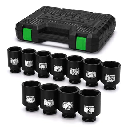 TecoTek 1/2" Drive Deep 6-Point Impact Socket Set, 11-Piece Standard SAE Spindle Axle Nut Impact Socket Set, Cr-Mo, 1-3/8-Inch to 2-Inch Size - size: 1-3/8-Inch to 2-Inch (11 pieces)