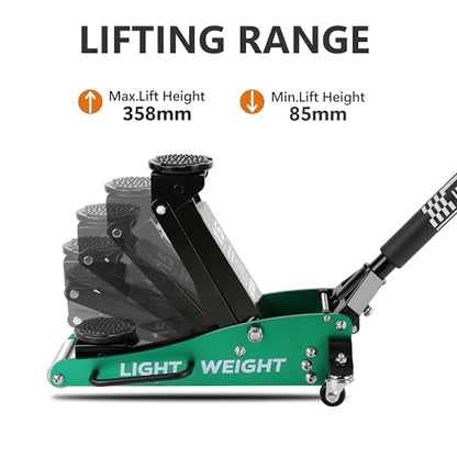 1.5 Ton Hydraulic Low Profile Aluminum and Steel Floor Jack, Lightweight Service Jack with Quick Lift Dual Pump, 3,000 lbs Capacity (Green)