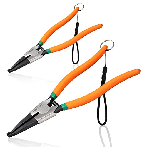 2 PCS Heavy Duty Lock Ring Pliers Set Flat Snap Ring 8'' & 11'' Special Circlip Reverse Angle Tip Retaining Ring Spreader for Transmission Transfer Cases Black,chrome - size: 8" & 11" with Ring & Rope