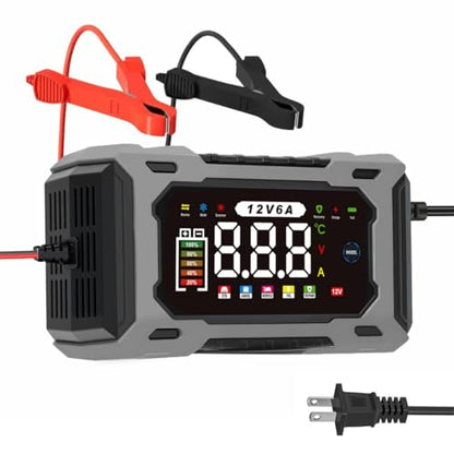 6-Amp 12V Smart Car Battery Charger, Battery Maintainer Trickle Charger with Desulfator, Pulse Repair & Overcharge Protection - for Car Lawn Mower Marine Lead-Acid Batteries (Gray) - color: Gray