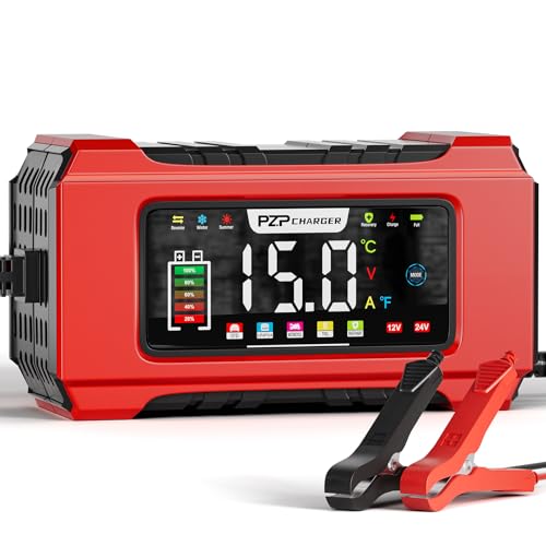 PZP 15-Amp 12V/24V Smart Battery Charger, Maintainer & Trickle Charger for LiFePO4, Lead Acid Batteries - Fully Automatic 9-Stage Charging w/Temp Compensation for Motorcycle Car Truck Lawnmower Boat - color: Red