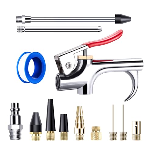 Air Blow Gun Kit 13 Pcs, 1/4" Standard Quick Fitting, 10 Interchangable Air Nozzles and Tape, Air Compressor Accessory Tools for Dusting and Inflation