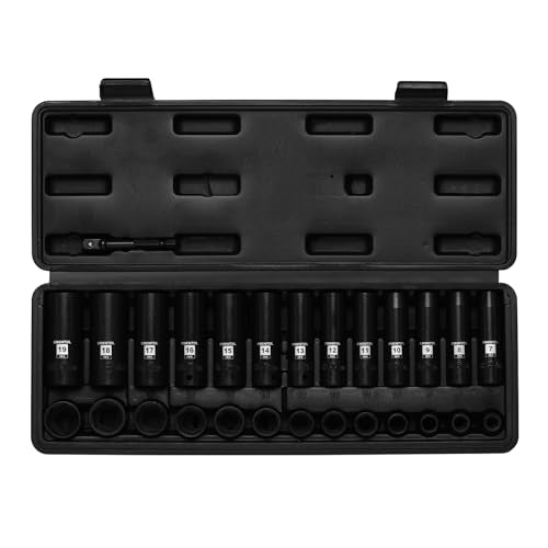 EMENTOL 3/8" Drive Impact Socket Set, 27PCS, Metric(7mm to 19mm), Deep and Shallow, 6 Point, Includes Drill Bit Adapter - size: 3/8" Drive (7mm-19mm),6 Point
