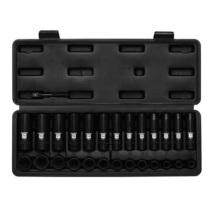 EMENTOL 3/8" Drive Impact Socket Set, 27PCS, Metric(7mm to 19mm), Deep and Shallow, 6 Point, Includes Drill Bit Adapter - size: 3/8" Drive (7mm-19mm),6 Point