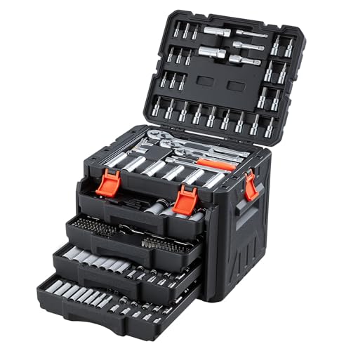 VEVOR 297 PCS Mechanic Tool Set with 4-Drawer Tool Box 1/4" 3/8" 1/2" Drive | SAE & Metric Socket Set, Car and Motorcycle Tool Kit with Combination Wrenches, Bits, Ratchets, Spark Plug Sockets - size: 1/4"&3/8"&1/2", style: 297 PCS