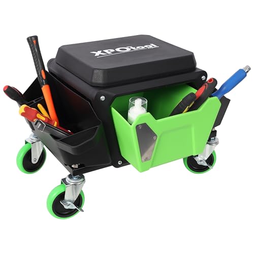 Anwick Mechanic Stool Seat Chair with Wheels, Heavy Duty Rolling Garage Stool with Soft Rubber Cushion Seating and Drawer, 330 LBS Capacity, Rolling Tool Seat for Shop, Auto Repair (Green+Black) - color: Green+black