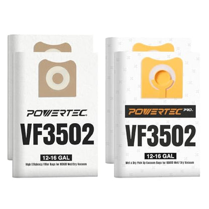 POWERTEC 23743 VF3502 + VF3702 Size A Shop Vac Bags Set for Ridgid 4 Pack for Wet + Dry Pickup, 12-16 Gal. Water Resistant & Dry Debris Dust Bags Set (2 of each) for Ridgid HD1200, HD1400 Wet Dry Vac - size: VF3502 (Size A), style: Wet & Dry Use Set (4PK)
