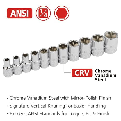 Ingersoll Rand 11-Piece 1/4-Inch Drive Shallow Socket Set, Metric 6-Point (5–14mm), Chrome Vanadium Steel, Mirror-Polish Finish, with Thermoform Organizer Tray – 752043X - size: 1/4 in. Drive Shallow Socket Set, style: Metric
