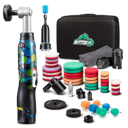 BATOCA S6 Mini Cordless Polisher for Car Detailing 2x2.0Ah Batteries, 0mm Rotary Buffer, 12mm Dual Action Polisher 1-3 Inch, 2 Different Speeds Heads Systems, 4.2k-21k or 1-5k RPM Graffiti Style - size: Graffiti Style with 2 batteries