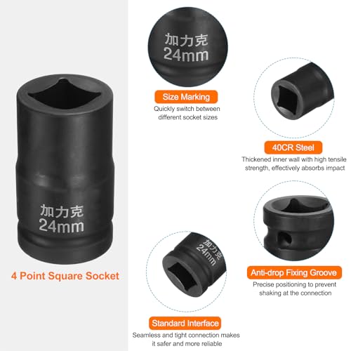 HARFINGTON 4 Point Square Socket 1" Drive by 24mm Metric Square Impact Socket 40CR Blackening Standard Wheel Sockets Pneumatic Socket Tool for Auto Repair Mechanical Maintenance Home Use - size: 24mm