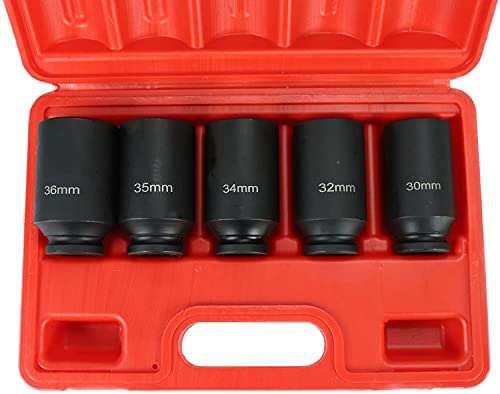 5PCS 1/2 Inch Drive Deep Spindle Axle Nut Impact Socket Set | 12 Point Metric, CR-MO, 30mm 32mm 34mm 35mm 36mm
