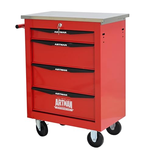 4 Drawers Tool Cart on Wheels with Stainless Steel Worktop, Heavy Duty Mobile Rolling Drawer Tool Chest with Locking Wheels & Lockable Drawers, Garage Tool Storage Cabinet (Red, 4 Drawers) - color: Red, size: 4 Drawers 22.2"Wx13.6"Dx30.7"H