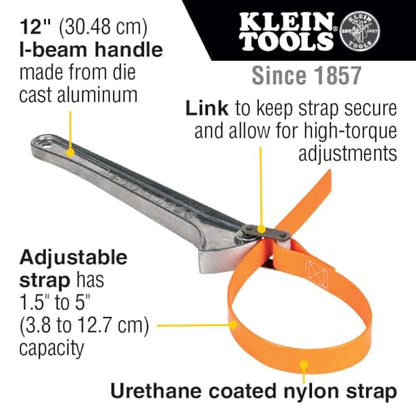 KLEIN TOOLS S12HB Strap Wrench, Adjustable Grip-It Strap Wrench Adjusts 1-1/2 to 5-Inch, 12-Inch Handle - size: 12-Inch Handle
