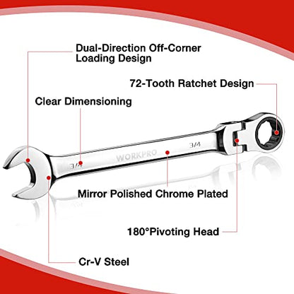 WORKPRO Ratcheting Combination Wrench Set, 8-piece Flex-Head Anti-Slip Set Metric 8-17 mm, 72-Teeth, Cr-V Constructed, Black Electrophoretic Coating with Rolling Pouch - size: SAE, style: Mirror Polished