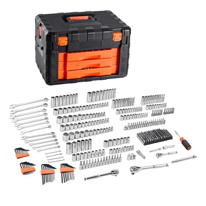 VEVOR Mechanics Tool Set and Socket Set, 450 Pcs, 1/4, 3/8 and 1/2 inch Drive Deep and Standard Sockets, SAE Metric Mechanic Tool Kit with Bits, Wrenches, Accessories, Storage Case with Orange Drawer - size: 1/4"&3/8"&1/2", style: NEW 450 PC