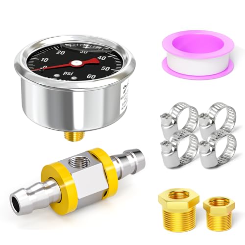 MEANLIN MEASURE 0-60Psi Stainless Steel Glycerin Filled Pressure Gauge 1/8" NPT 1.5" Black Dial, with 3/8" Barb Pressure Adapter Liquid Filled Pressure Gauge (9Pieces Kit, Back Mount) - size: 0-60Psi (Black Dial)