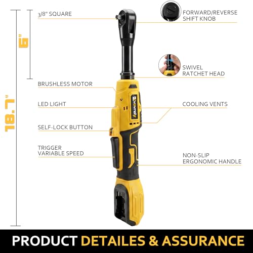 3/8" Electric Ratchet Wrench for DEWALT 20V Battery, 88Ft-Lbs | 6-inch Extended, 300RPM, Variable Speed, 8 Sockets,1/2" & 1/4" Adapters, 3" Extension Bar (Tool Only), for Engine Repair