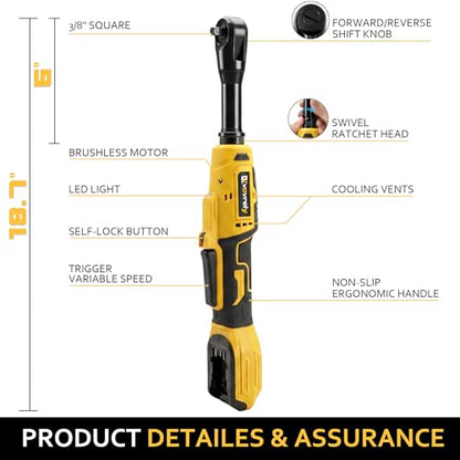 3/8" Electric Ratchet Wrench for DEWALT 20V Battery, 88Ft-Lbs | 6-inch Extended, 300RPM, Variable Speed, 8 Sockets,1/2" & 1/4" Adapters, 3" Extension Bar (Tool Only), for Engine Repair