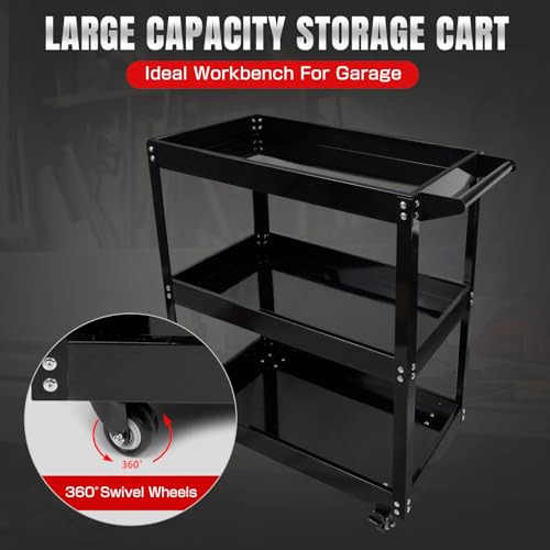 BHB 3 Tier Rolling Tool Cart Box On Wheels, Heavy Duty Capability Tool Cart for Mechanics, Large Storage Organizer Utility Cart, for Garage Warehouse Repair Shop, 350 Lbs Load - style: NO Drawer