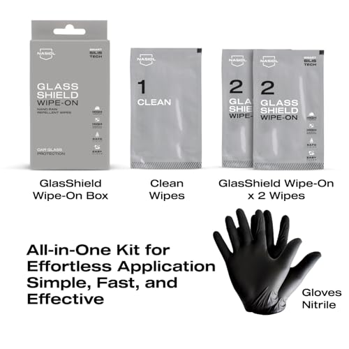 Nasiol GlasShield Wipe-On Nano Rain Repellent Wipe Kit, Ceramic Coating for Windshield, Quick & Easy Application, Easy to Clean, Car Rain-Repellant, Durable Lasts for 15,000 Miles