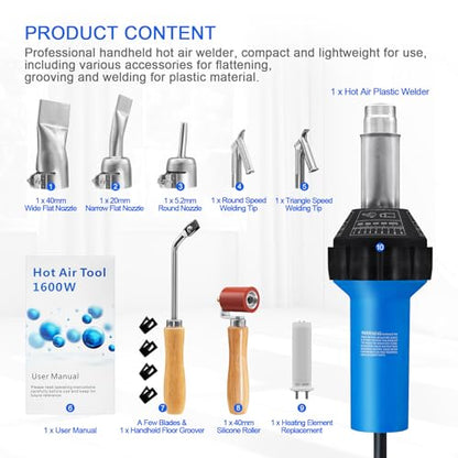 Hot Air Plastic Welder 1600W Plastic Welding Roofing Kit 110V, Vinyl PVC TPO Welding Handheld Plastic Hot Air Heat Gun Welding Torch with Various Nozzles - size: Standard Ver.